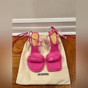 JACQUEMUS Les Carre Rond Asymmetric Lace-up Leather Sandals Pink Size 38